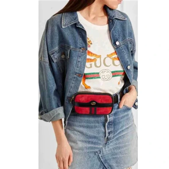 Gucci Ophidia Mini Belt Bag Red Suede Web Stripe GG Logo Fanny Pack - Picture 2 of 12